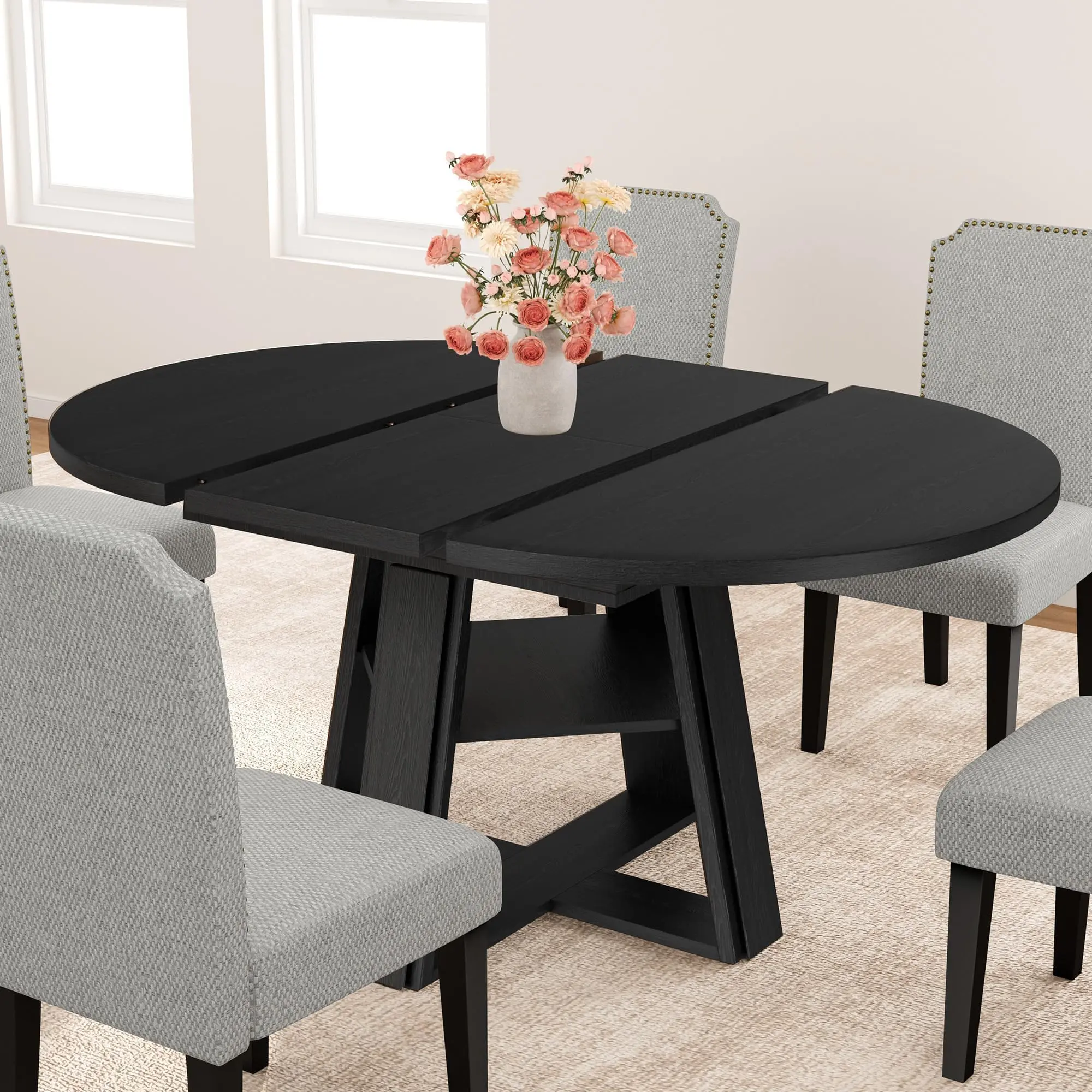 Garvee Extendable Round Dining Table with Wooden Pedestal Base and Cross Leg Design, Adjustable from 43.3 to 59.06 Inches, Suitable for Seating 4 to 8 People, Includes Dining Chair Option