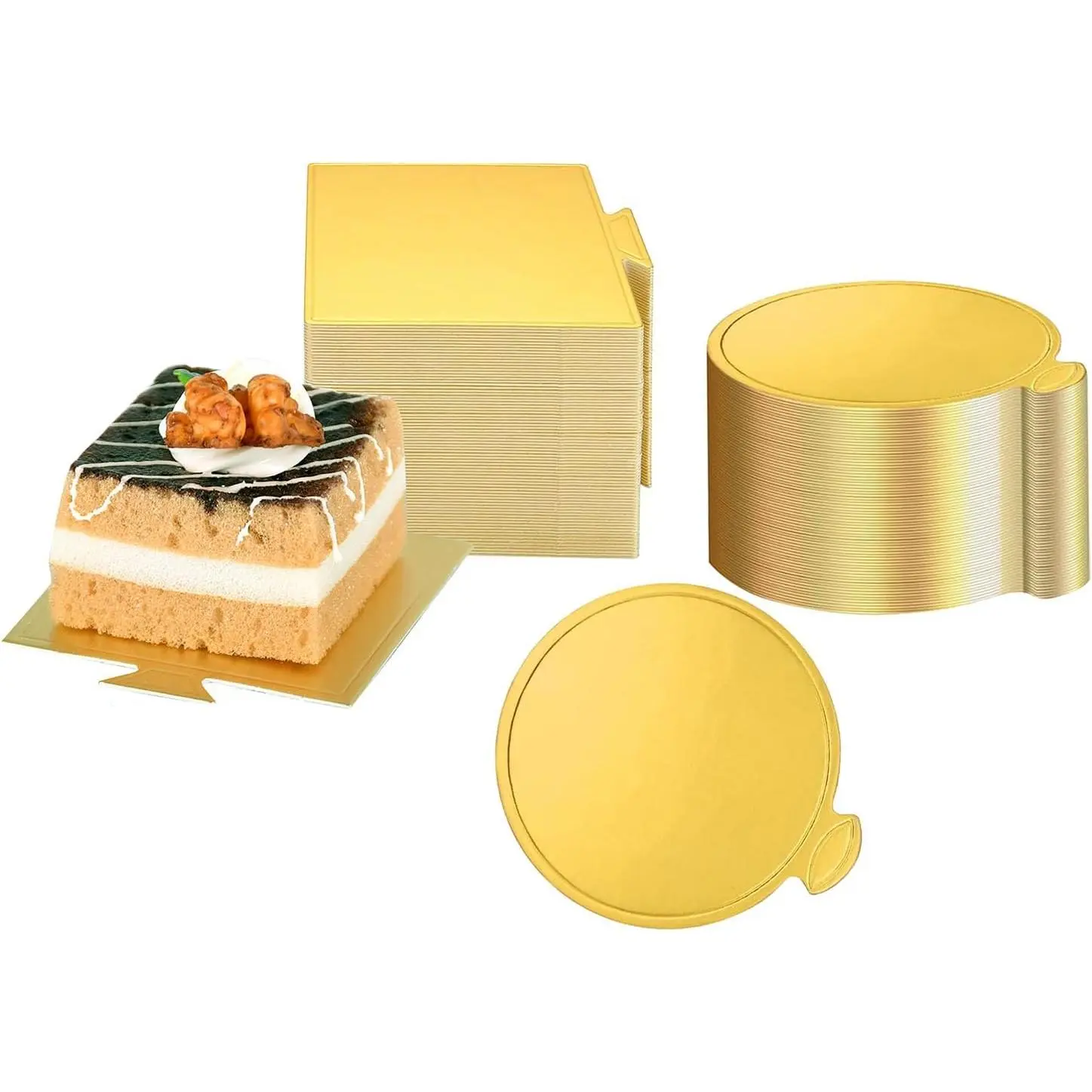 100 count Mini Golden Cake Boards Round and Square Mousse Cupcake Base Paper Plates Dessert Board Circle Base for Cake DIY, Baking Dessert Party Wedding Birthday