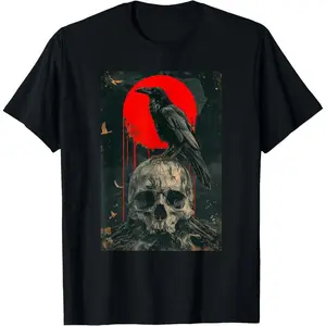 Red Moon Black Gothic Raven Skull Graphic Black Crow T-Shirt fashion round neck men giftss good Men's Cotton Casual T-Shirts Vintage Designer Oversized T-Shirt classic rock  rocks macco