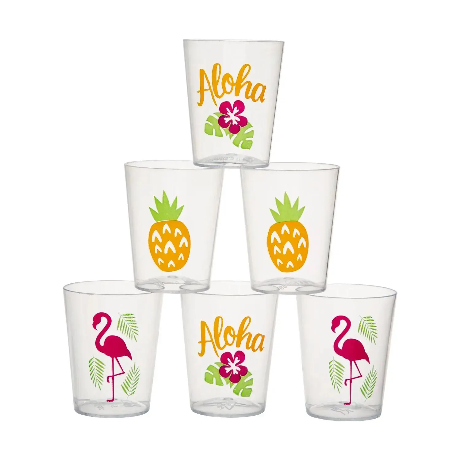 Bulk 50-Pc Tropical Luau Plastic Shot Glassware Set, Round Multicolor Beverage Cups for Happy Birthday Celebrations