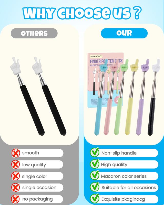 NOKOGMT - 6PCS Finger Pointer Stick for Classroom – Extendable Teacher Pointer Stick and Pointer Finger Tool – Colorful Hand Pointer Stick for Presentations – Telescopic Pointer Stick for Kids and Adults – Classroom Essentials