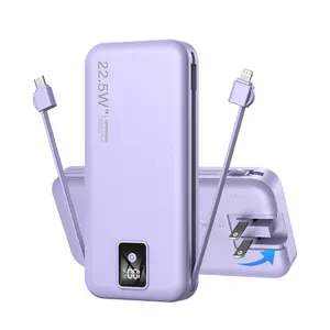 Portable Power Bank, Purple 12000mAh Large Capacity Charging Bank with Built-in Charging Cable & AC Plug, Durable LED Display External Battery Pack, Charger