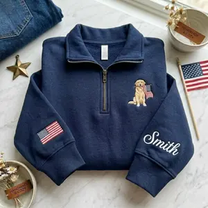 (Leave a note) Custom Golden Retriever Embroidered Sweatshirt, Personalized Dog Mom Shirt with Name on Sleeve, USA Flag Dog Lover Crewneck