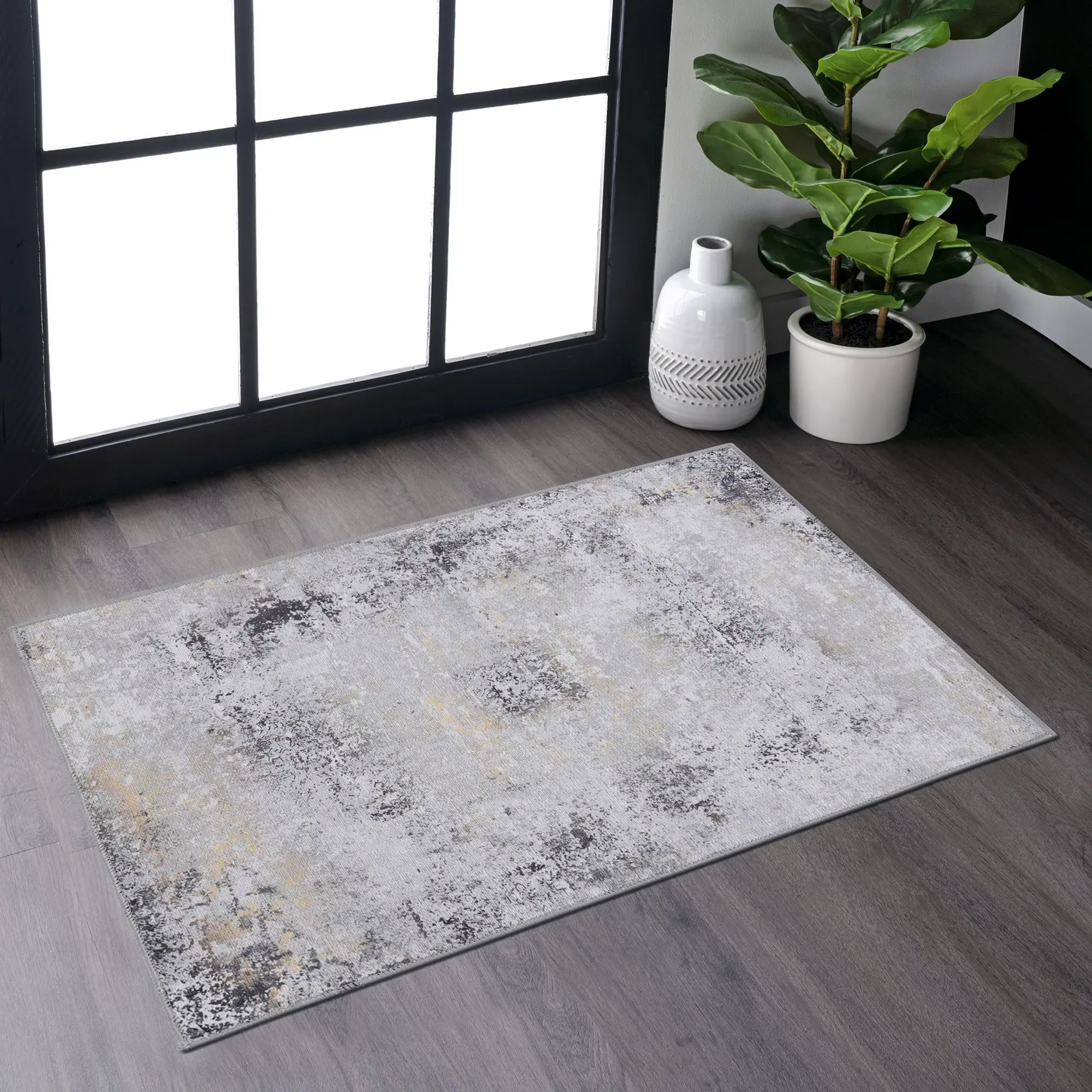 YYDS Naar 2x3, Machine Washable Area Rugs, Low-Pile, Non-Slip, Non-Shedding, Foldable, Kid & Pet Friendly - Area Rugs for living room, bedroom, kitchen, dining room rug - Perfect Gift, (Gray/Gold, 2' x 3')