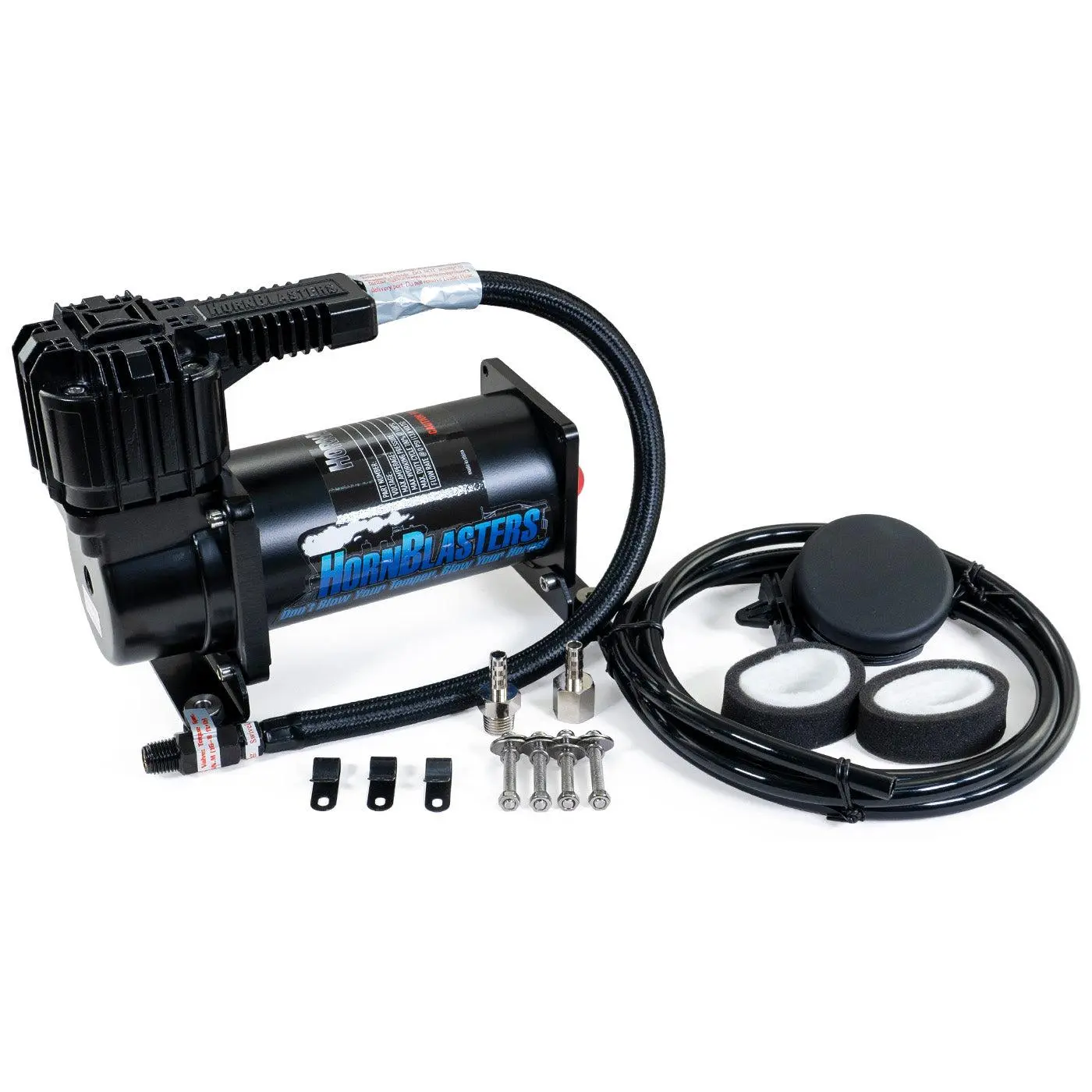HornBlasters HB-2 Air Compressor - 100% Duty Cycle at 100 PSI, 1.34 CFM Flow Rate, Stainless Steel Hose, Check Valve, Remote Filter Kit HornBlasters HB-2 Air Compressor - 100% Duty Cycle at 100 PSI, 1.34 CFM Flow Rate, Stainless Steel Hose, Check Valve, Remote Filter Kit