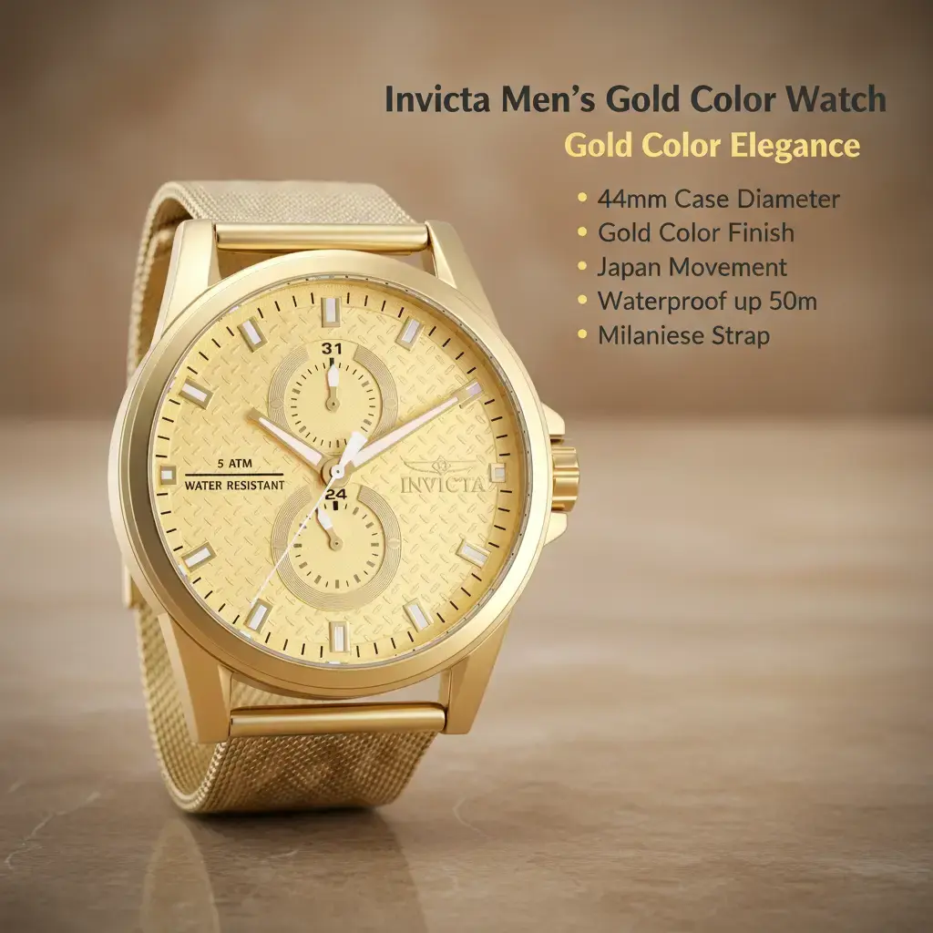 Invicta Men's Vintage Dress Watch, 44mm Gold-Tone Case with Diamond-Pattern Dial, Stainless Steel Milanese Mesh Bracelet, Deployment Clasp, Gift Box Ready, Water Resistant, Date Display, Textured Dial, Analog