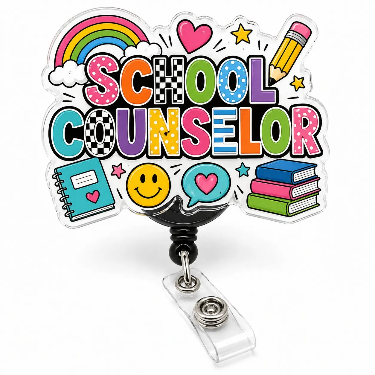 Colorful Theme Acrylic Topper Badge Reel - 2 in Retractable Clip-On ID Holder for School Counselors, Education Professionals - Fits ID Cards