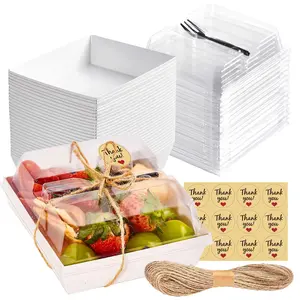 50 Pack Small Charcuterie Boxes With Clear Lids And Forks - To Go Paper Mini Box  Disposable Food Containers 5inch Dessert For Cookie Cake Slice Strawberries (white)