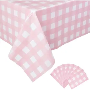 8 Packs Pink and White Checkered Tablecovers 54 x 108 Inches Disposable Party Picnic Table Cloth SpillProof Plastic Gingham Tablecovers for Camping Decoration Party Favors