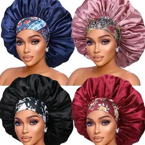 4pcs Bonnet Extra Large Wide Brim Non-Slip Elastic Band Floral Satin Sleep Cap For Curly & Straight Hair Boho Silk Bonnet Satin Bonnet