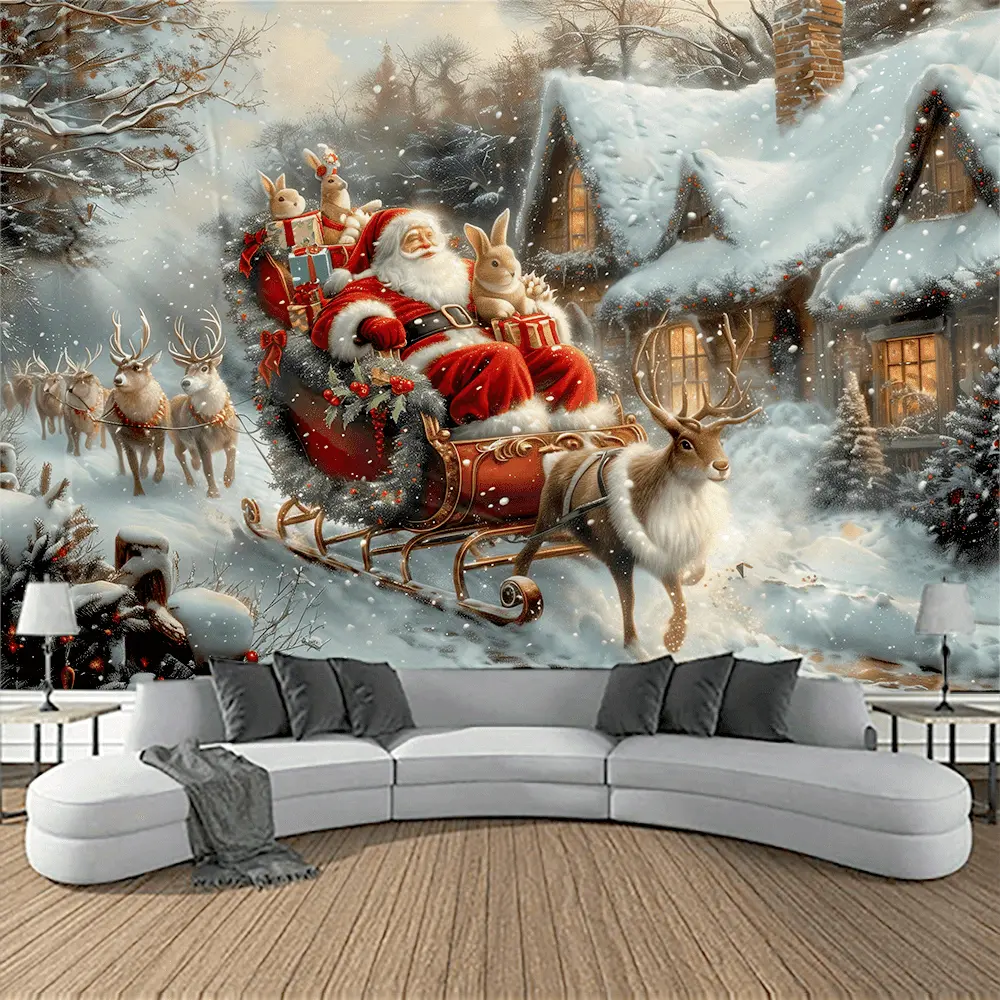 Cozy Synthetic Christmas Polyester Wall Tapestry - Hanging Decoration with Santa Claus on Flying Sleigh, Rustic Town Landscape, for Living Room, Bedroom Holiday Home Supplies, Bohemian Room Decorations for People, Santa Scene