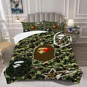2/3Pcs Camouflage Aesthetic Comforter Set, Stylish Military-Inspired Bedding Set, Bold Ape Head Graphic Design, Perfect for Trendy Bedroom Decor and Streetwear Lovers, Cozy and Eye-Catching Quilt. 1 or 2 Pillowcase No Pillow Core