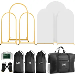 Arch Backdrop Stand Set with Cover,(7.2ft,6ft x 2) Arched Frame Stand & Spandex Wedding Arch Cover & Bag (White, 7.2Ft+6Ft+6Ft)