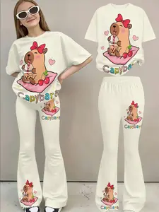 Girls' Capybara Print Short Sleeve Bell Bottom Set, Cute Water Vole Cartoon, Casual Matching Two-Piece, Fitted Long Regular Style