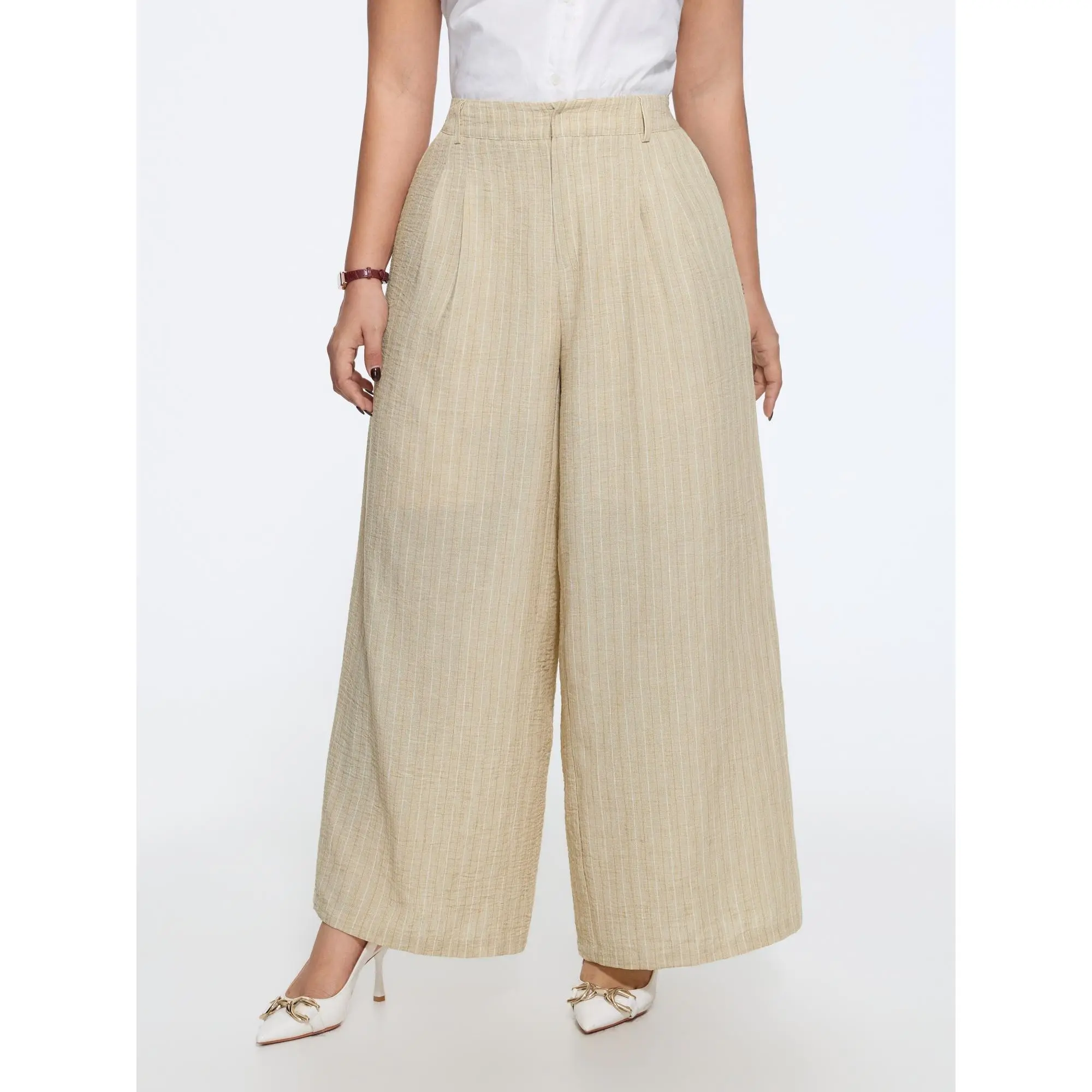 BloomChic Women's Plus Size Textured Striped Pleated Wide Leg Pants - M-6X Polyester Smooth Fabric Garment Bottom for 2026 Summer Outfits, Loose, Pocket, Trouser, Clothes