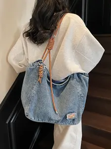 Women's Solid Color Tote Bag, Fashionable Large Capacity Shoulder Bag for Daily Used, Casual Trendy Versatile High-quality Daily Commuting Bag, Girl Fashionable Shopping Bag, Denim tote bags, Denim Handbag Tote, Casual Commuter Bag