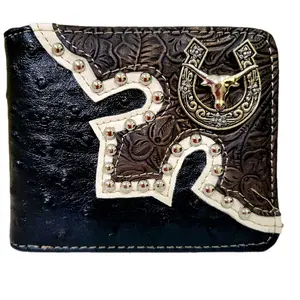 Longhorn horseshoe Western wallet Ostrich pattern short bi-fold faux leather with Longhorn concho