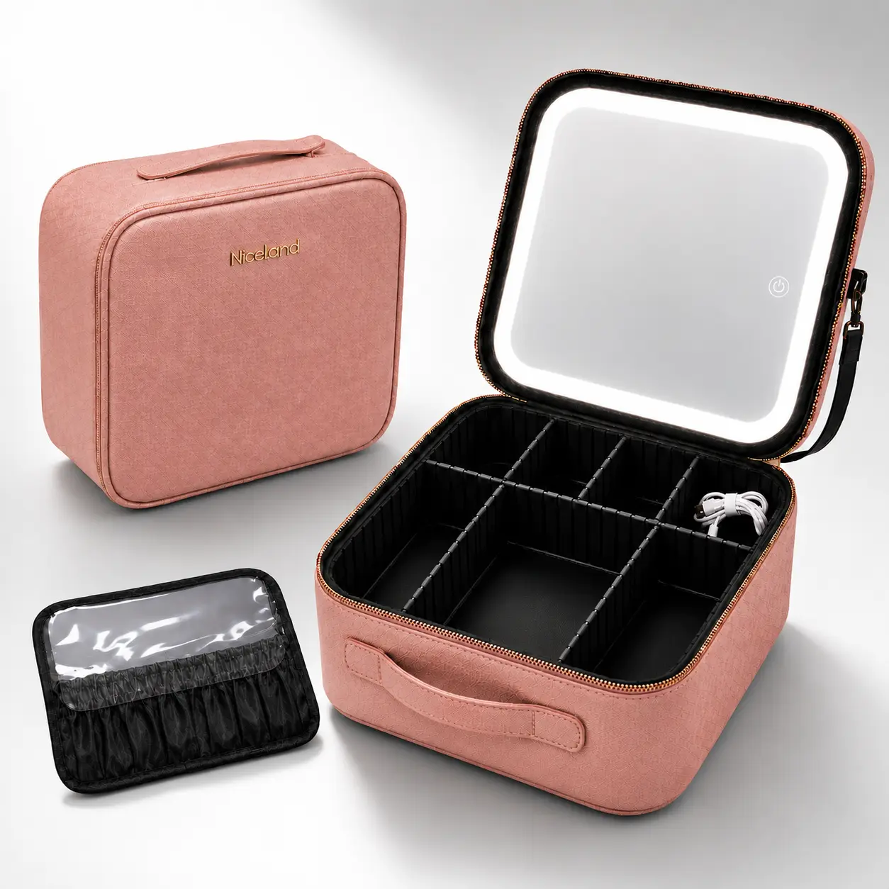Women's LED Makeup Case with Mirror - Portable Touch-Light Cosmetic Storage Box, Divided Compartments, Handle, Pink Travel Vanity Case with Bonus Toiletry Pouch