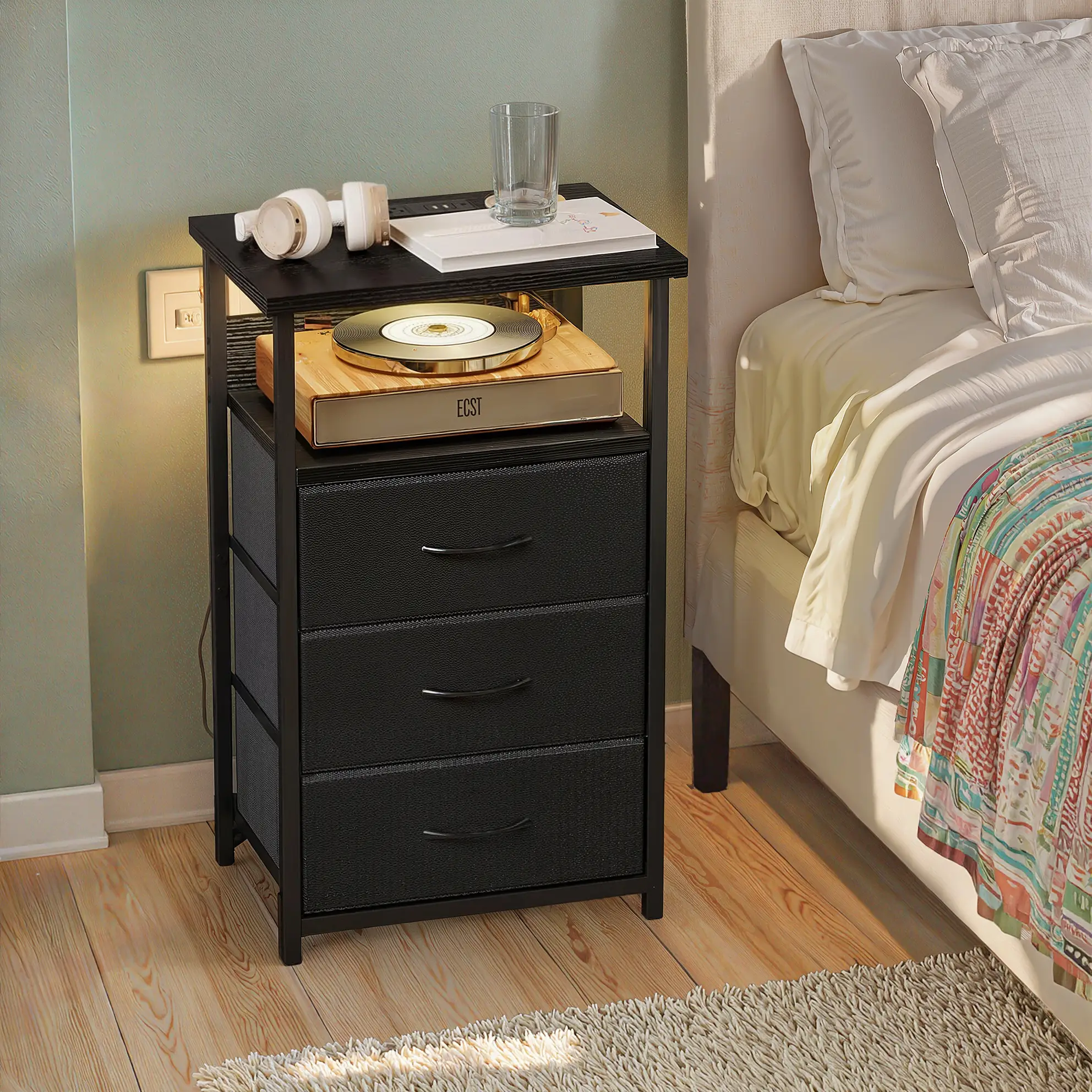 Night Stand with Charging Station, LED Nightstand with U-S-B Ports and Outlets, 3 Fabric Storage Drawers with PU Finish, Bedside Table, Black