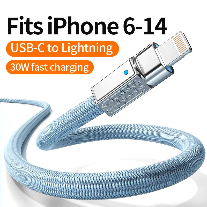USB-C to Lightning Fast Charging Cable, Zinc Alloy Reinforced Anti-Break Metal Head, Heavy-Duty Braided Cord,Supports up to 30W PD Fast Charging, Compatible with iPhone 6-14 plus pro max Fast Charging Cable,Durable Mobile Phone Accessory for iPhone 6-14.