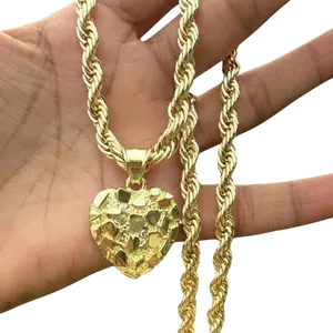 14K Gold Plated Nugget Pendant and Necklace - Textured Heart Minimalist Rope Chain 18" 4mm Pendant 19.2mm Necklace for Men/Women Unisex