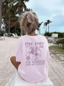 Women's Pink Pony Round Neck Graphic Tee, Casual Fitted Figure Print Short Sleeve T-shirt for Summer, Women's Top for Daily Wear