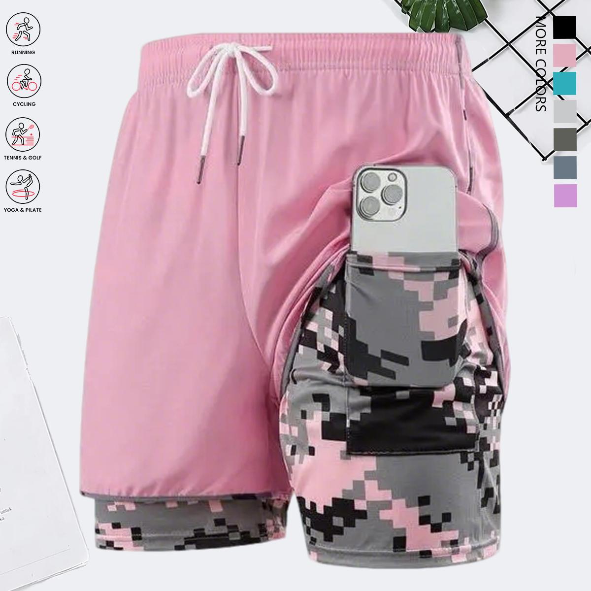 Women’s summer shorts: double-layer faux two-piece mid-length shorts; camouflage women’s shorts; polyester–spandex knit fabric shorts; breathable, quick-drying compression base layer shorts; elastic waistband with drawstring; side mesh pockets; suitable f
