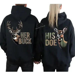 Her Buck His Doe Hunting Couple Matching Unisex Hoodies, Graphic Hoodie Casual Fleece Fabric Pullover Hooded Sweatshirt for Women for Men, Perfect Gift Classic