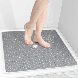 Anti-Slip Shower Mat for Elderly & Kids | Extra-Large 27x27 Inch Bath Mat | 224 Heavy-Duty Suction Cups + Drain Holes | Machine Washable, Odorless TPE, Non-Toxic Safety | Dark Gray Bathroom Floor Pad