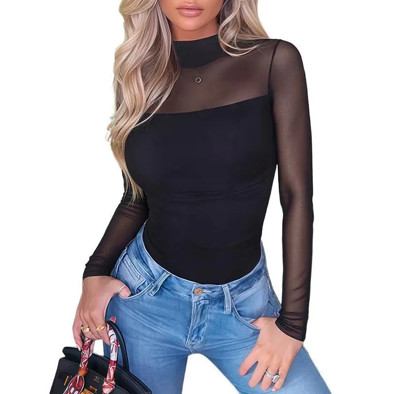Women's Contour Turtleneck Bodysuit - Long Sleeve Mesh Body Sculpting Top| Premium Seamless Leotard for Evening Wear & Trendy Outfits