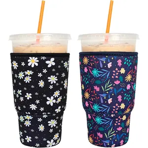 2 Pack  Iced Coffee Sleeves -  Insulator Sleeve for Cold Beverages, Neoprene Coffee Cup Holder (Flower, Large 32oz)