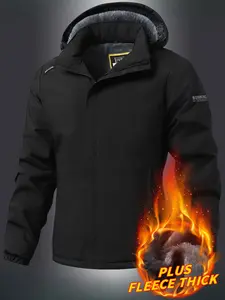 Men's Solid Color Pocket Zip Up Thermal Lined Hooded Jacket, Regular Fit Casual Long Sleeve Windproof Outerwear for Fall & Winter, Men's Clothes for Outdoor, Waterproof Windproof Outerwear