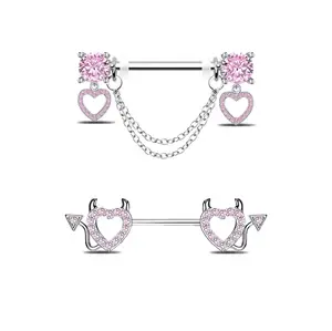 HERVAY Little Devil Pink Heart Nipple Ring 14G/14MM Stainless Steel with Chain & Crystals Sparkling Zircon Inlay Unisex Piercing Jewelry