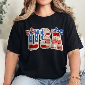 USA Patchwork Style Shirt, Vintage Fabric Letter Tee, Summer Outfit Women, Americana Inspired Top, Cute Bow Graphic Shirt