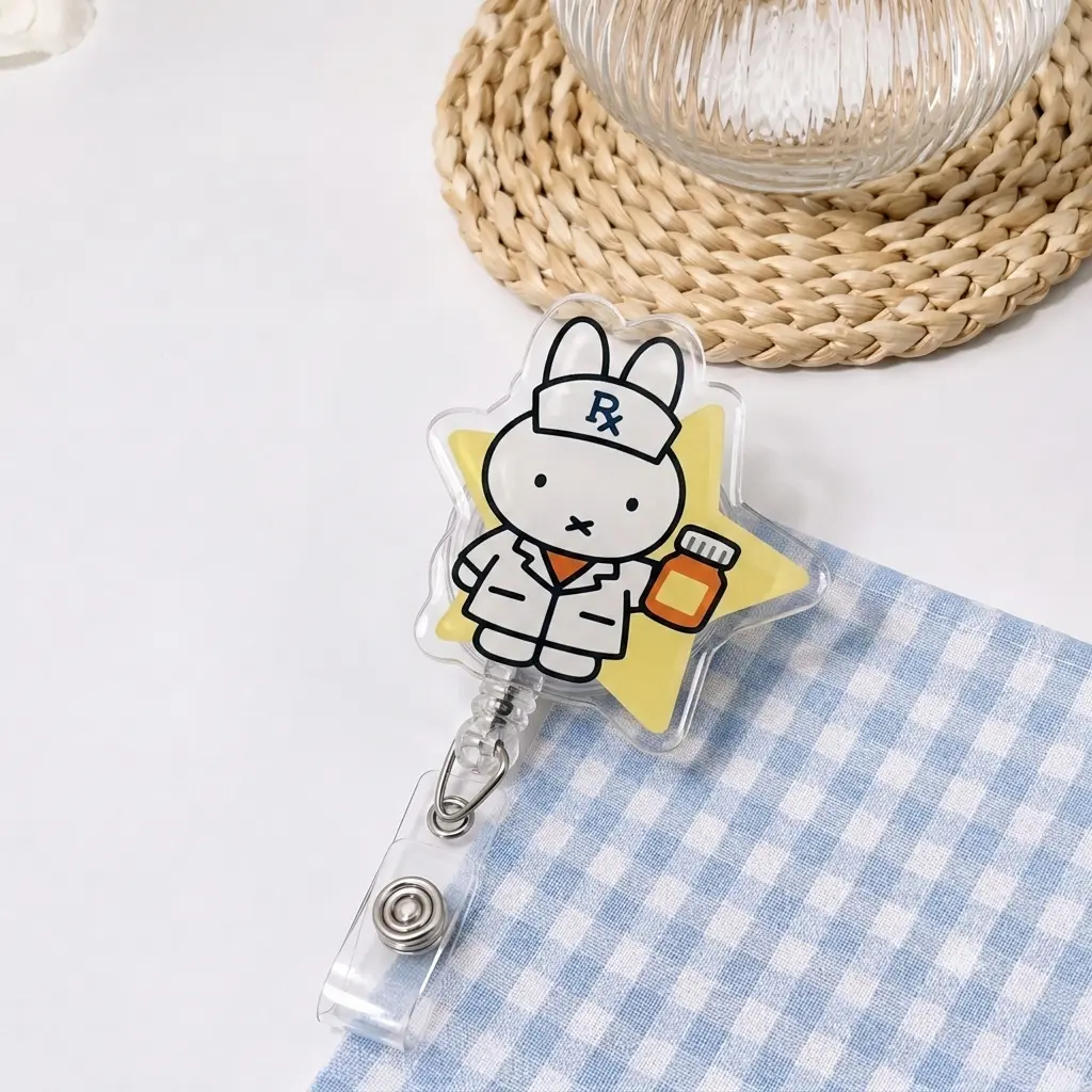 Pharmacist Bunny Badge Reel, Cute Acrylic Retractable ID Clip with Prescription Hat, Medicine Bottle and Yellow Star, Fun Pharmacy Gift for Pharmacists, Techs and Healthcare Workers