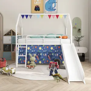 Jack Metal Junior Twin Loft Bed with Slide, Curtain Set, Pennant Banner Flag, Star Stickers – White with Blue, Kids Room Stuff