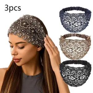 Rhinestone & Beads Decor Lace Wide Band Hairband, 3 Counts Hollow Out Flower Design Hair Band, Fashion Hair Accessories for Women & Girls, Headbands Women ring  spanner