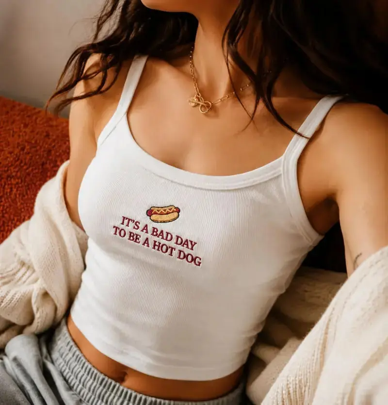 Embroidered Hot Dog Tank Top, Funny Quote Summer Shirt, Minimalist Ribbed Tee
