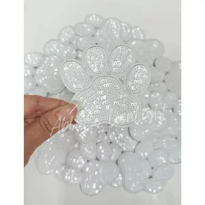 White Sequins Paw Print Embroidery Patch