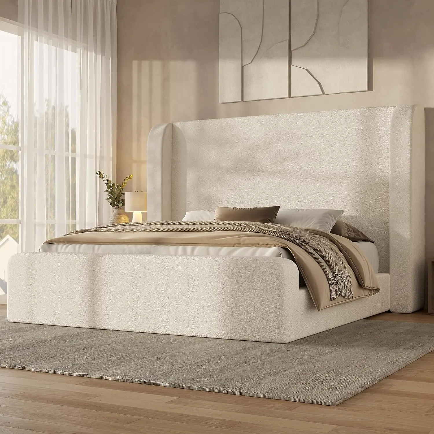ADORNEVE Upholstered California King Bed Frame with 49.2” Tall Modern Upholstered Headboard, 5” CertiPUR-US Foam Full Cushioning Platform Bed, Rounded Corners for Master Bedroom, Quick Setup