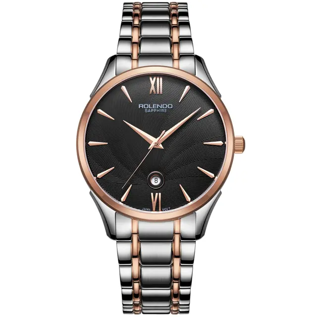 Classic Minimal Two-Tone Self-Winding Mechanical Watch, Guilloché Wave Black Dial XII & VI Roman Numerals Polished Rose Gold Baton Hands, Rugged Two-Tone Steel Band Shock Resistant Office Executive Daily Formal Wristwatch