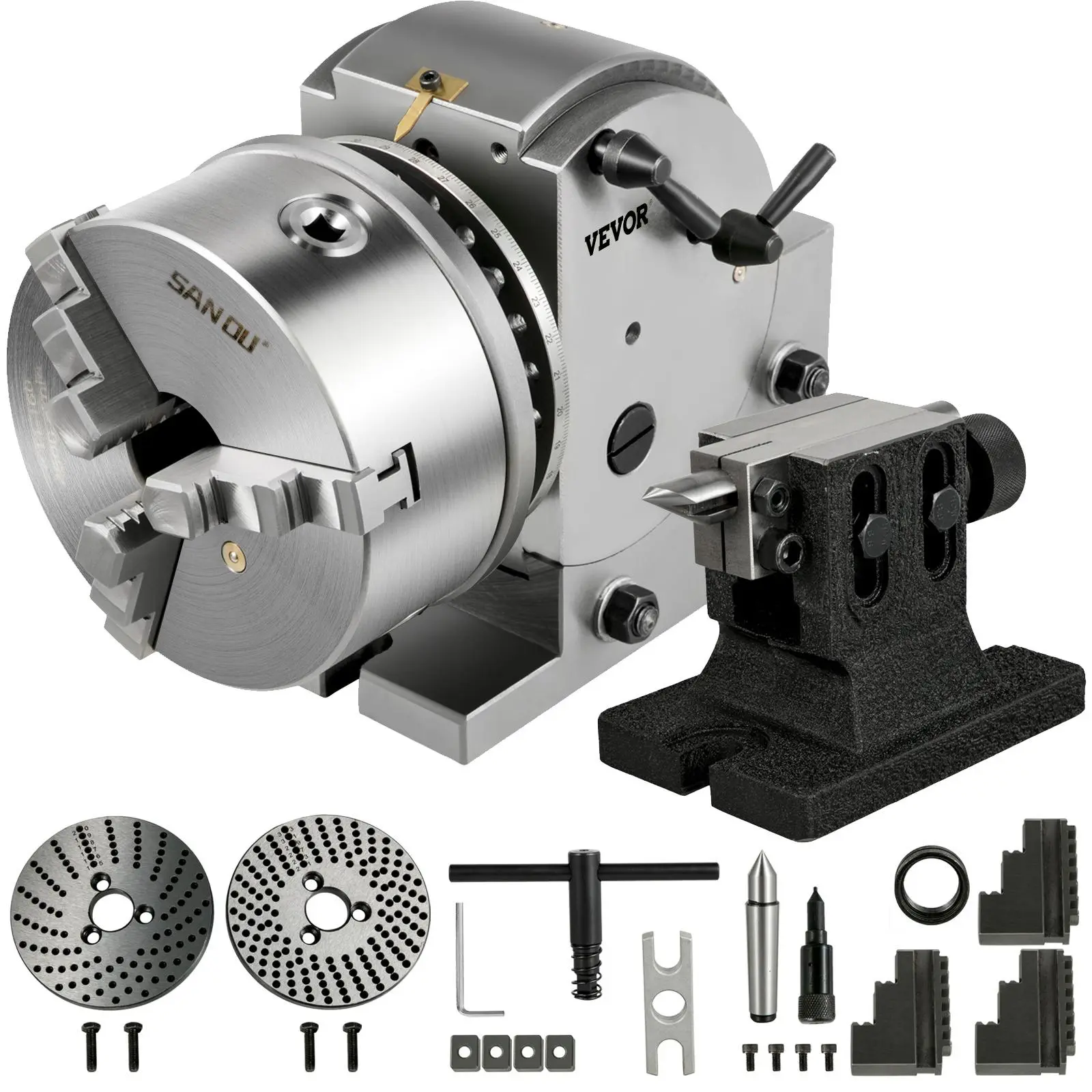 【DealsForYouDays】VEVOR Dividing Head, 6 in/160 mm, Dividing Head Set, 3-jaw Chuck Semi Universal Milling Set with 6 in Chuck, Tailstock, Dividing Plates, 6-1/2 in/ 168 mm Swing, for Milling Grinding Drilling Machine