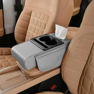 Universal Waterproof Leather 6-in-1 Car Center Console Armrest Storage Box - Padded Organizer with Cup Holders, Tissue Slot, Dual Type-C Fast Charging Ports, Star Ambient Projection Light for Most Vehicles