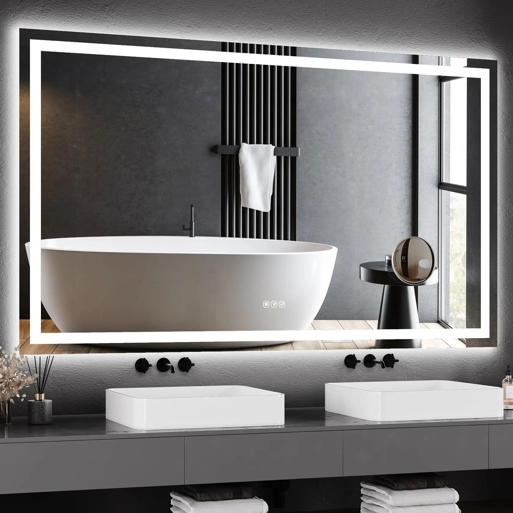 60 x 36 Inch Smart LED Bathroom Mirror, Dimmable Front + Backlit Illumination with Anti-Fog & Memory Function, Shatter-Resistant Design for Horizontal or Vertical Mounting