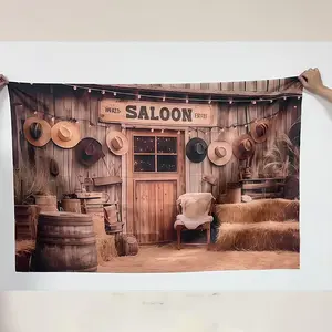 Rural Western-Themed Backdrop Banner, Retro Style with Haystacks & Cowboy Hats, Ideal for Themed Parties, Home Decoration, Photography Studio, Photo Backdrops