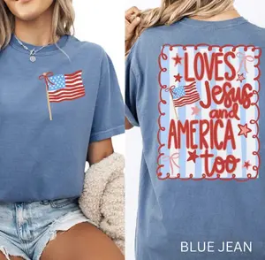 Loves Jesus And America Too Shirt, 4th Of July Comfort Colors Patriotic Coquette Bow Tee, American Flag Shirt, USA Preppy Red White Blue Shirt