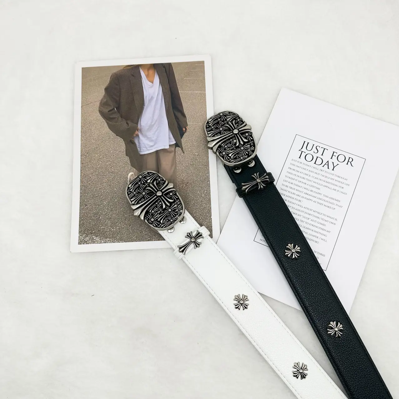 Men's Genuine Leather Belt with Silver Gothic Cross Buckle, Black/White Cowhide Belt, Punk Biker Streetwear Waist Belt, Vintage Floral Cross Studded Belt for Jeans Casual Outfit