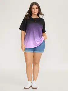 BLOOMCHIC Women's Plus Size Tie-Dye Spandex Fabric Gradient Dark Violet Fitted Round Neck Cut-Out Half-Sleeve Fashion Style Casual Summer Top for Lady [M-6X] 2026 Mother's Day Pick 2026 Summer Vibes Curvy Outfit Swimweek