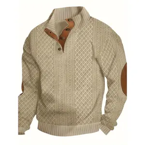 2025 Men's Casual Sporty Diamond-Patterned Knit Sweater with Button Detail - Stand Collar, Long Sleeve, Stretch Fabric
