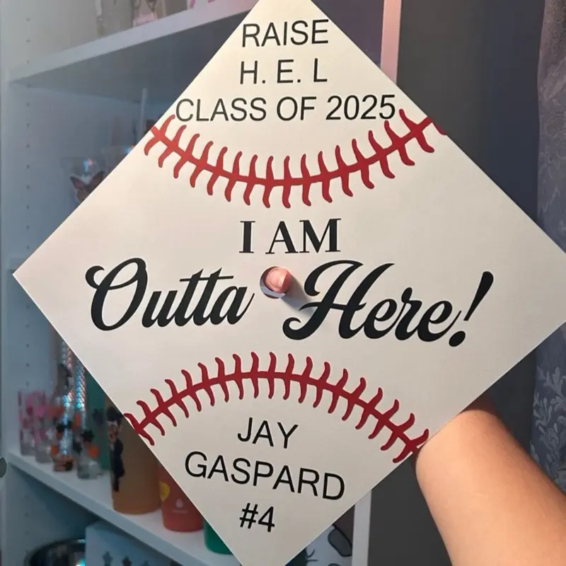 Raise H.E.L Class of 2025 Custom Baseball Graduation Cap Topper "I Am Outta Here" Personalized Name & Number Jay Gaspard #4